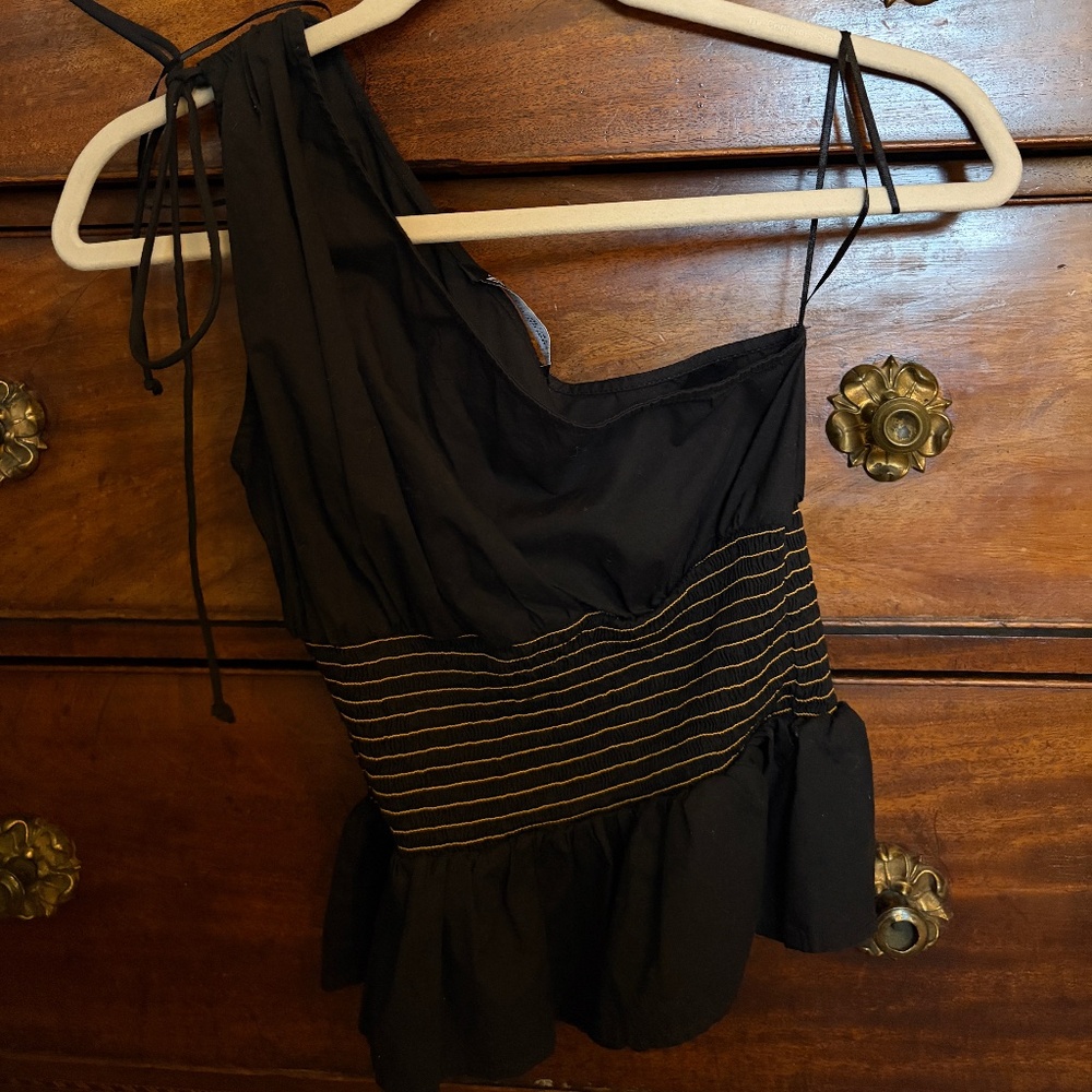 ZARA ONE SHOULDER CONTRAST STICTH SHIRRED WAIST POPLIN TOP BLACK Size Small - Picture 3 of 4
